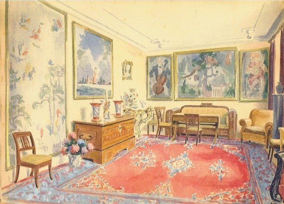 Maleriet af Karin Michaëlis' stue på Thurø er udført af Marie Hjuler